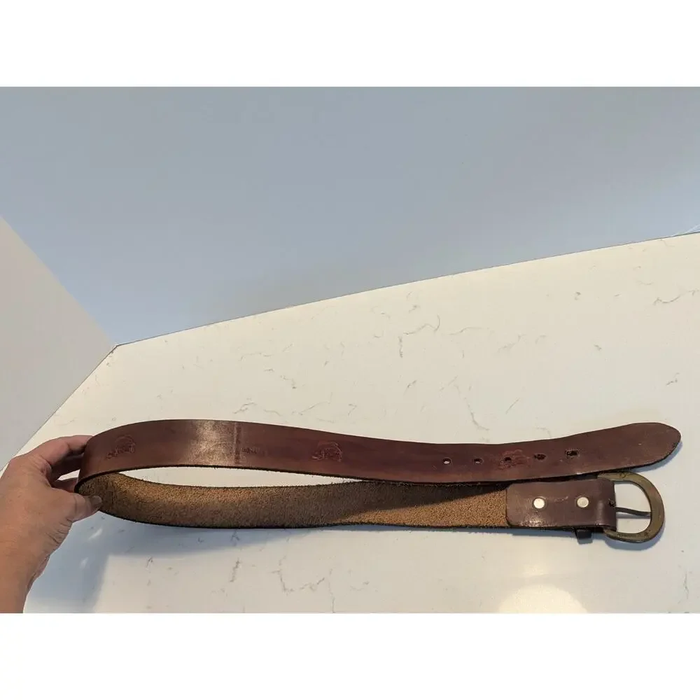 Men's Brown Leather Belt 36 Solid Brass Buckle Fish Embossed